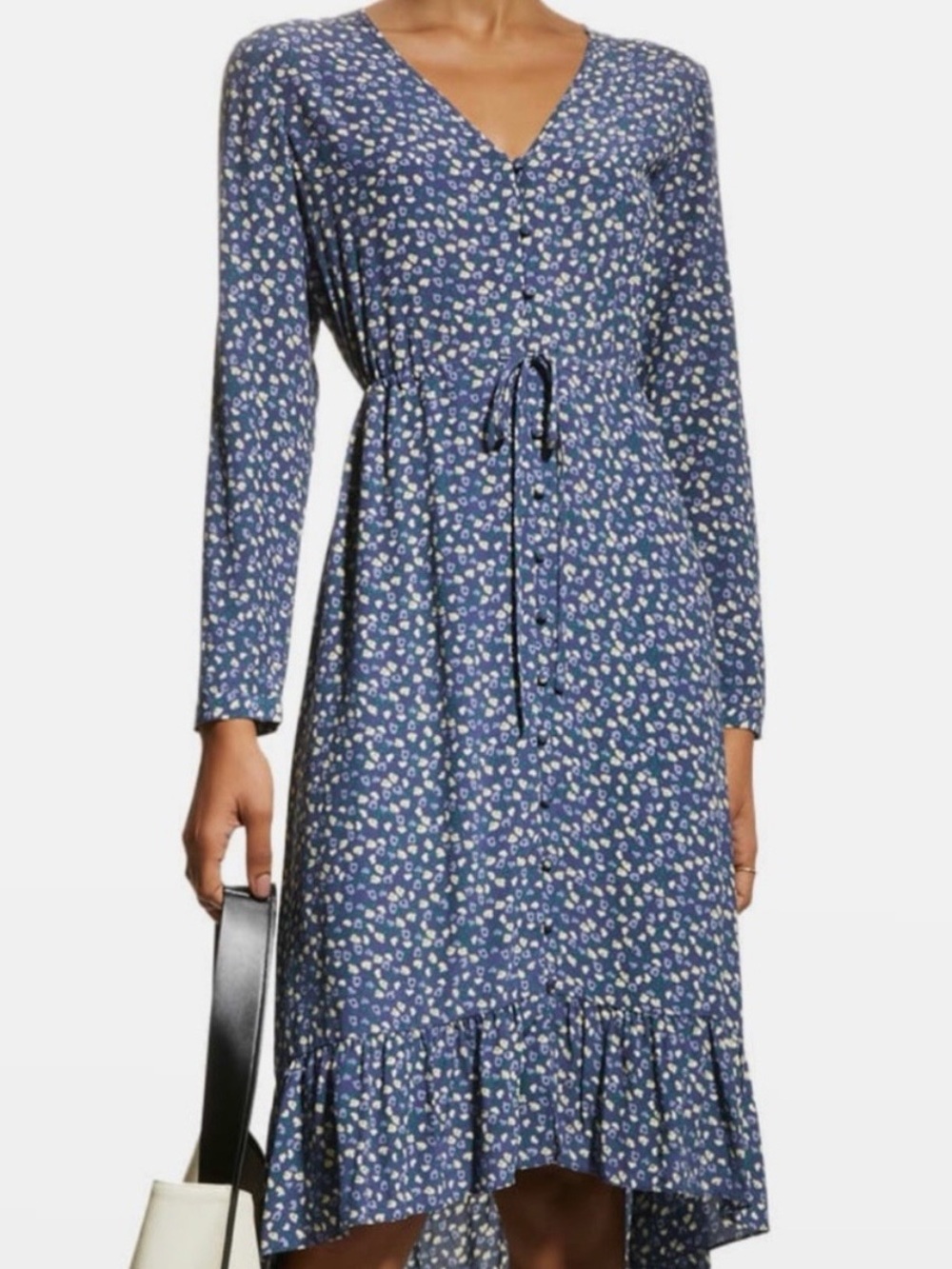 Rails Jade Dress Navy Ditsy Floral Button Front Hi-Low Ruffle Hem Size Medium